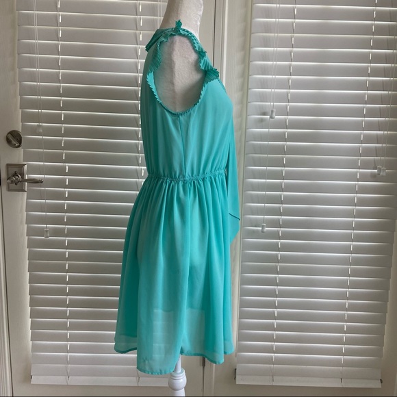 CIEL USA Large Teal Blue Dress Pleated W/ Tie Neck & Ruffle Flutter Sleeves - Picture 2 of 13